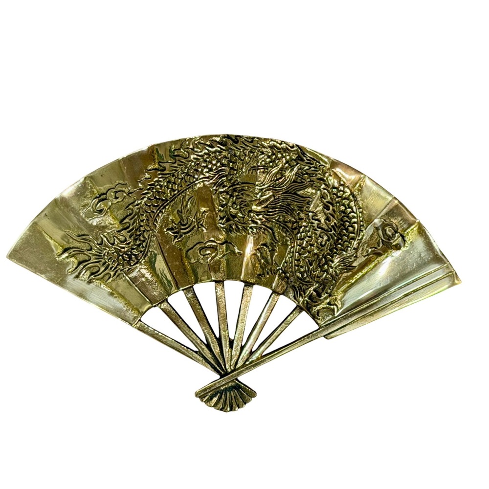VTG Asahi Taiwan Brass Dragon Fan Asian Decor Chinoiserie Gold 8" orig sticker